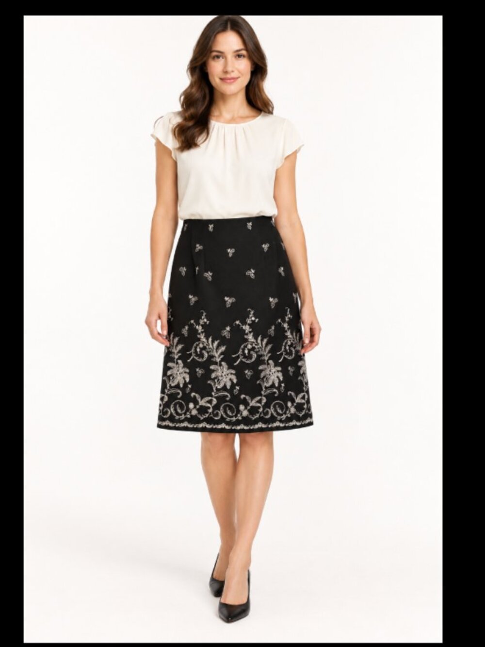 Ann Taylor Petite Black Floral Embroidered Skirt 4P